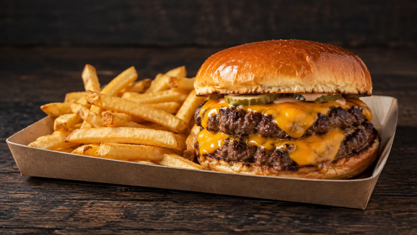 Hamburguesa doble con cheddar derretido en una bandeja de cartón con papas fritas, sobre una mesa de madera