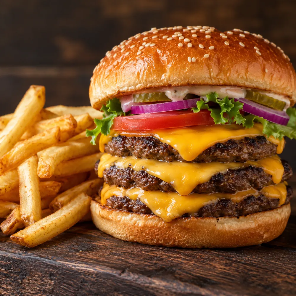 Hamburguesa triple con papas