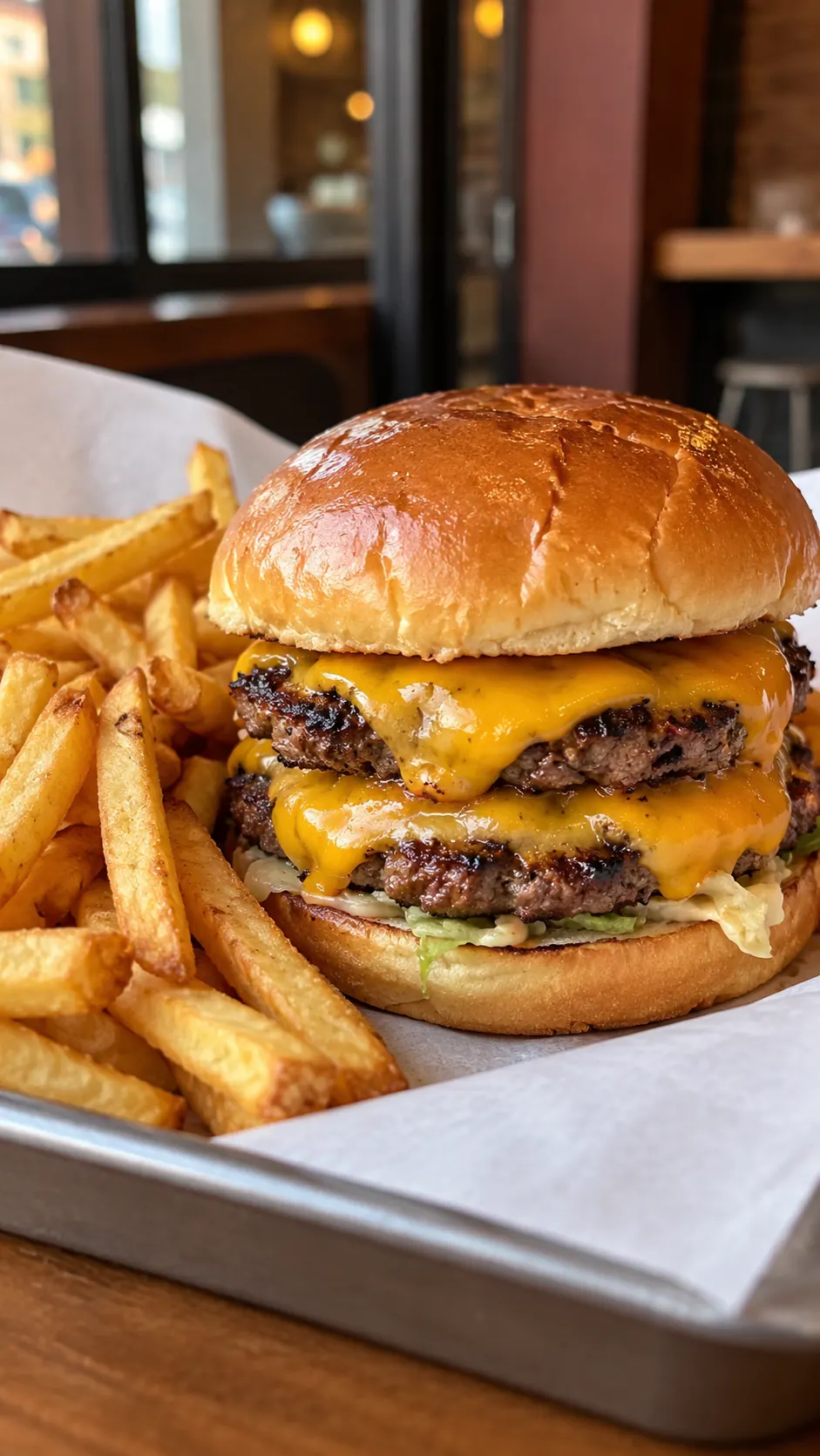Hamburguesa doble con cheddar sobre papel encerado, con papas fritas en una bandeja de metal